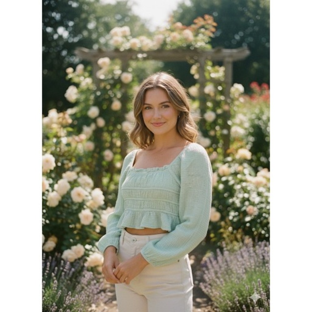Pastel Green Cotton Gauze Smocked Peplum Long Sleeve Crop Top coquette spring S